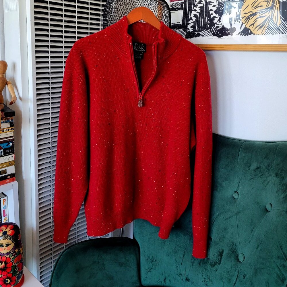 Jos A‎ Bank Mens Red Donegal Lambswool Blend Quarter Zip Sweater Large Pullover